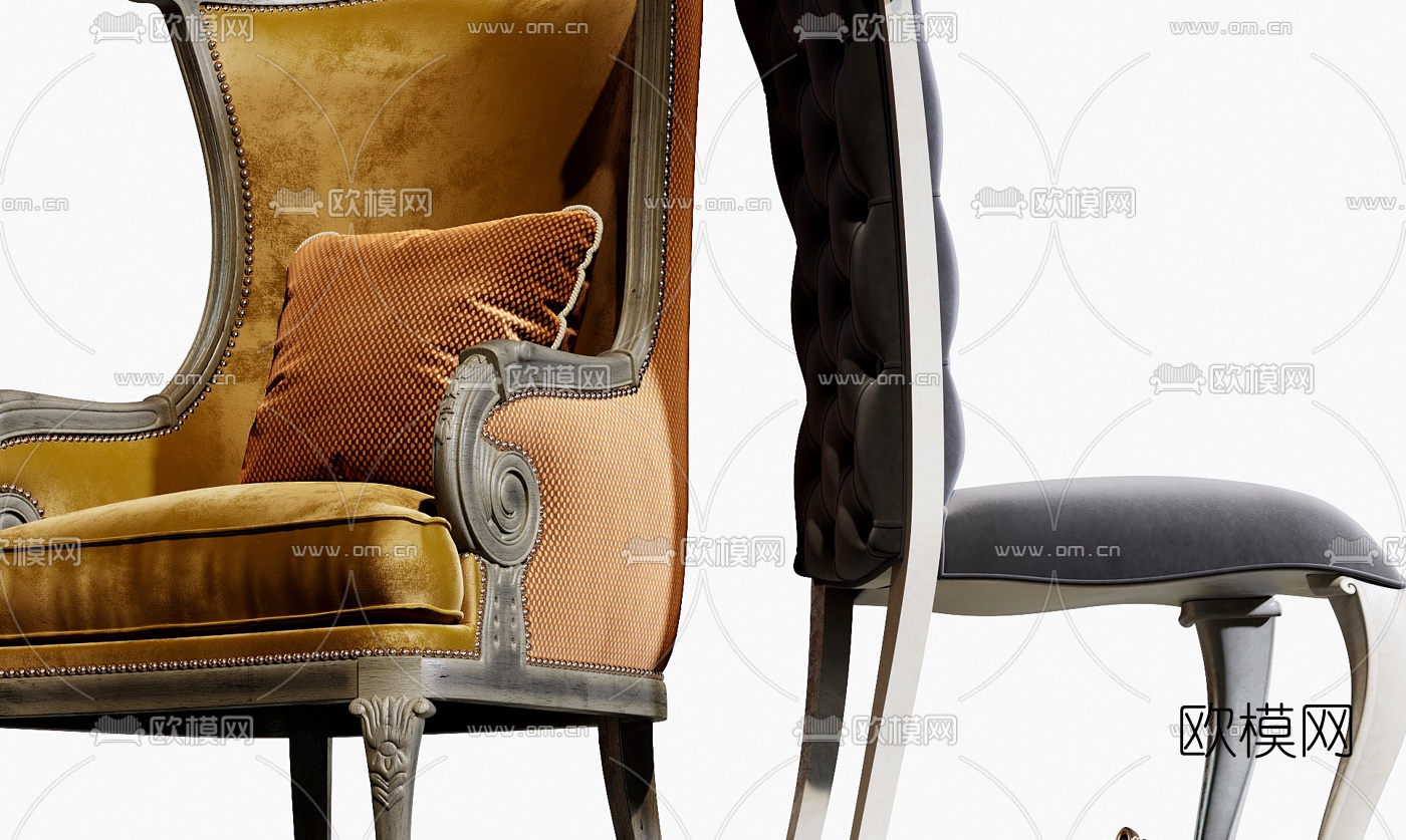 法式布艺皮革休闲椅3d模型下载（渲染图5）