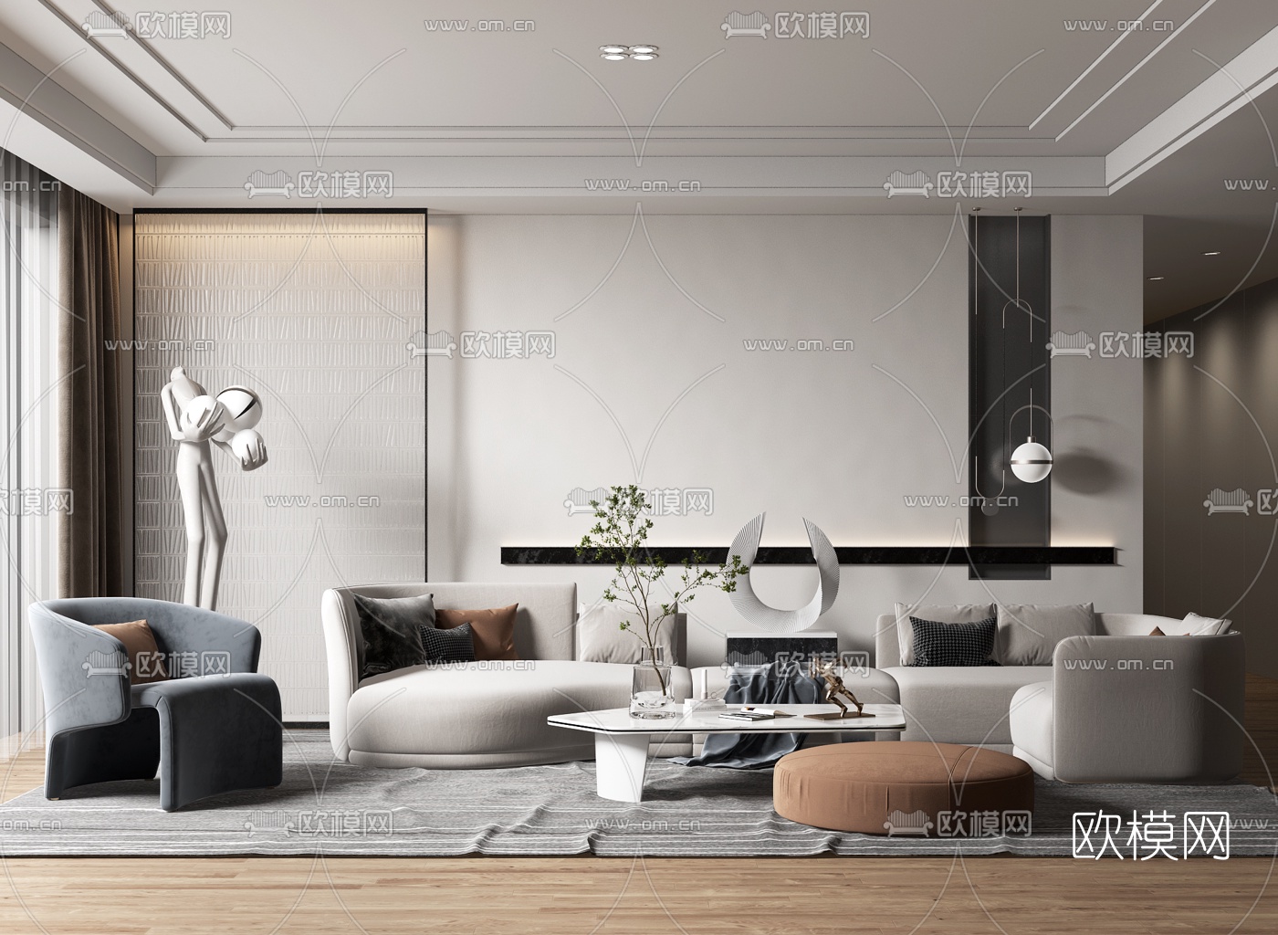 现代布艺转角多人沙发组合3d模型-免费3dmax模型库-欧模网