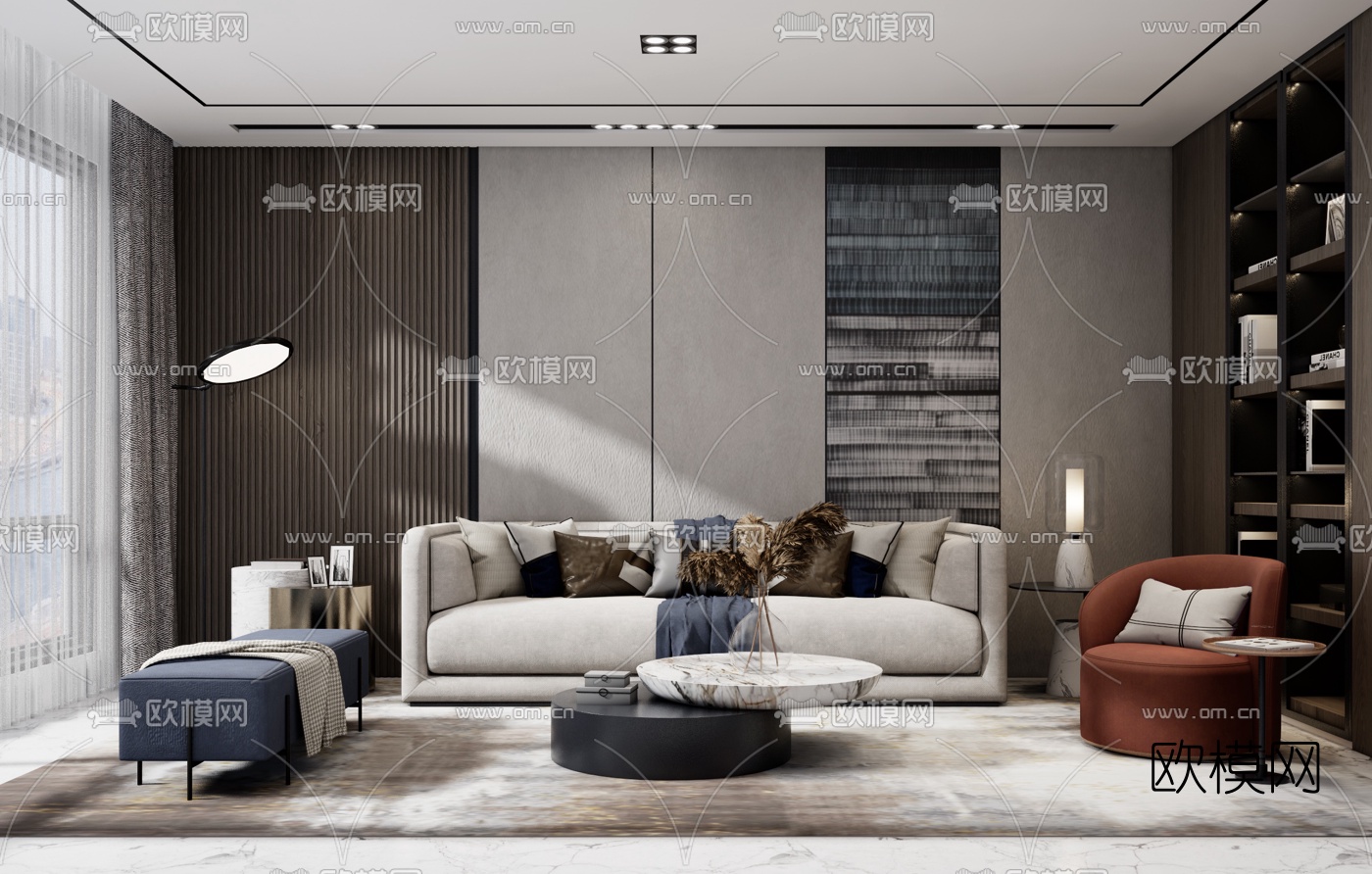 现代轻奢客厅su模型下载（渲染图1）