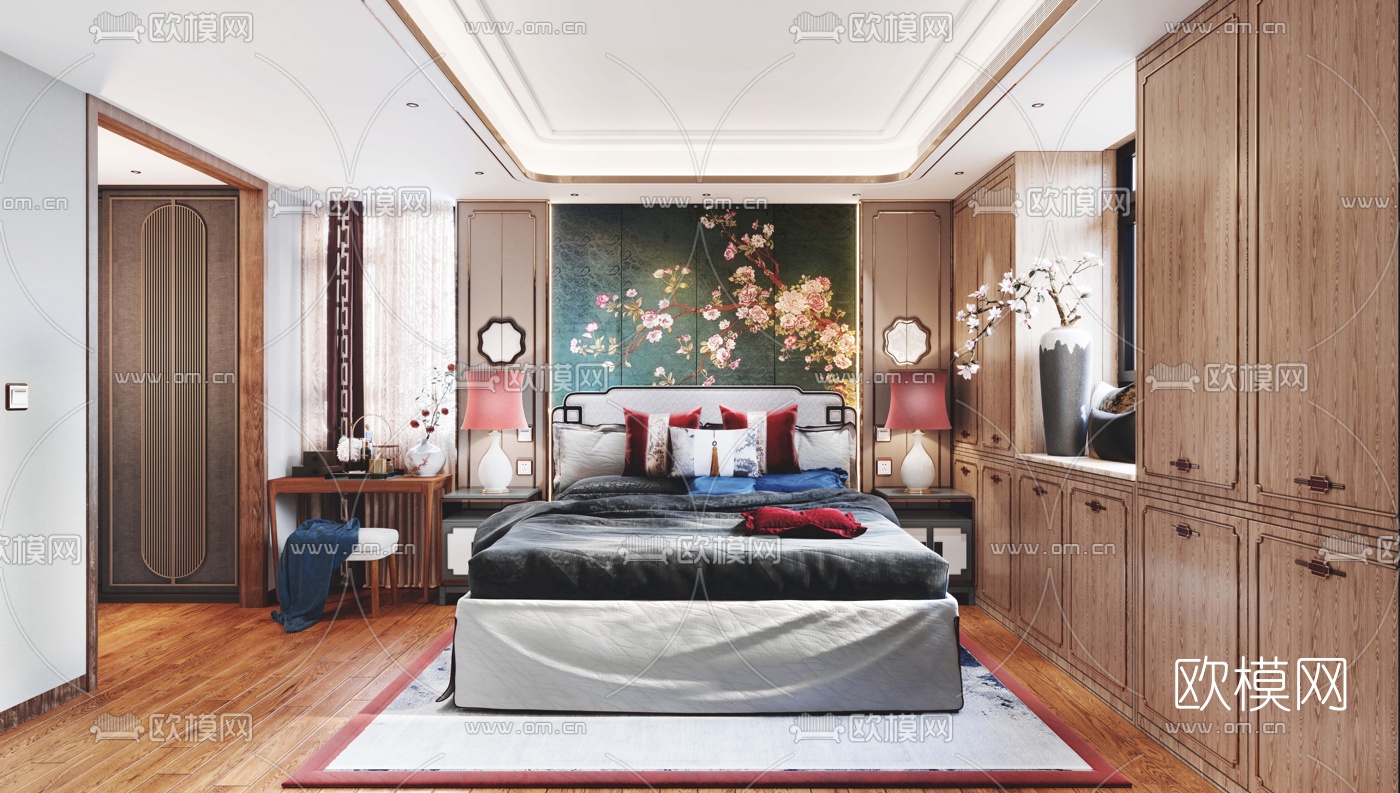 新中式主人房卧室3d模型下载（渲染图2）