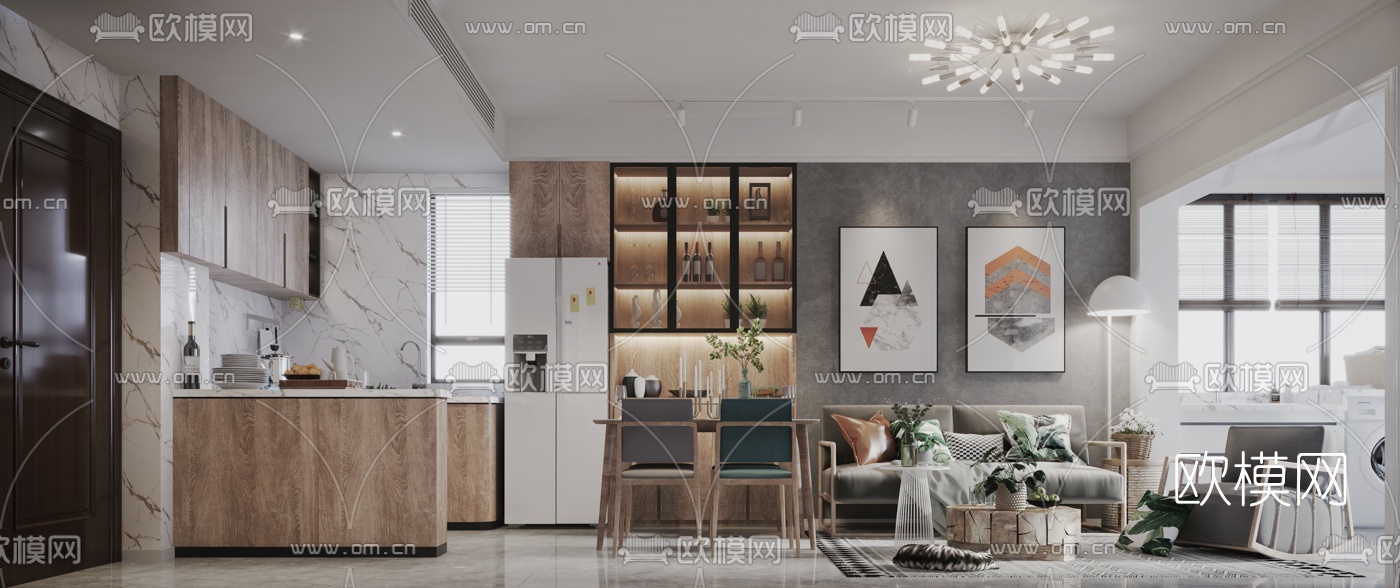 北欧公寓客厅餐厅3d模型下载（渲染图1）