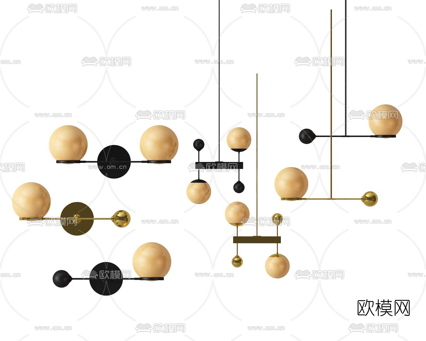 现代金属球形吊灯壁灯3d模型下载
