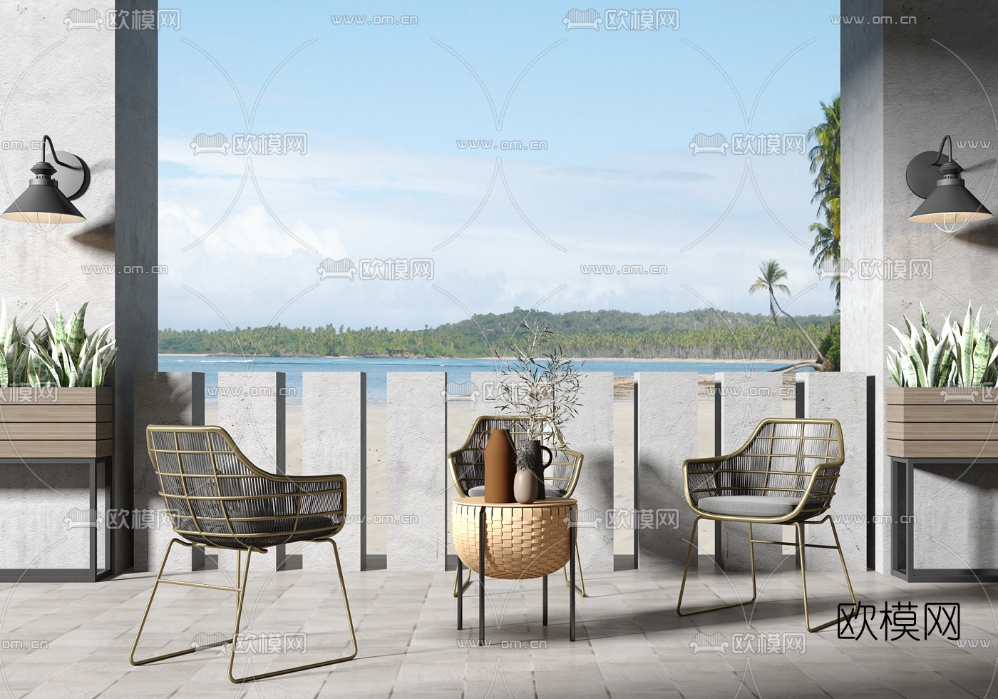 现代户外编藤休闲椅角几3d模型下载