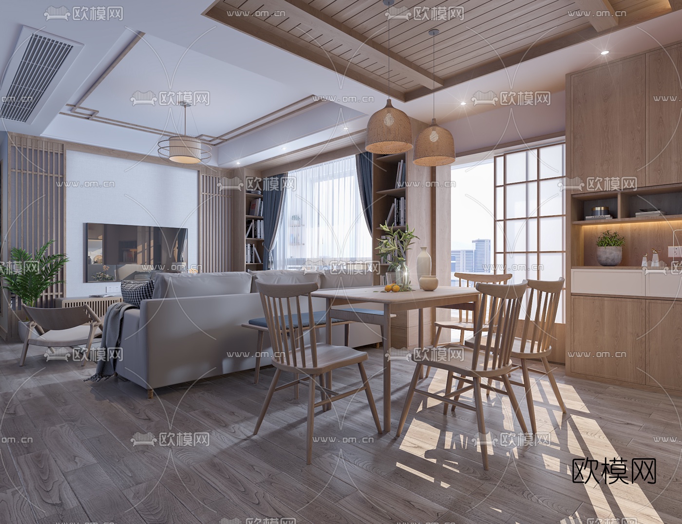 日式客厅餐厅厨房免费3d模型下载（渲染图3）