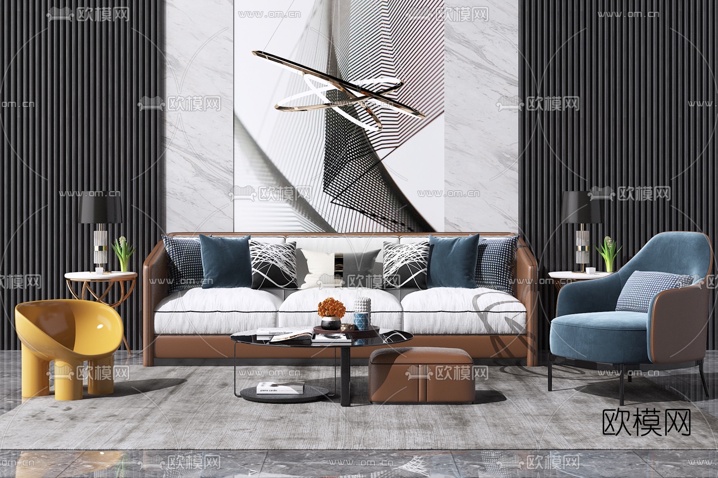 现代布艺沙发组合3d模型-免费3dmax模型库-欧模网
