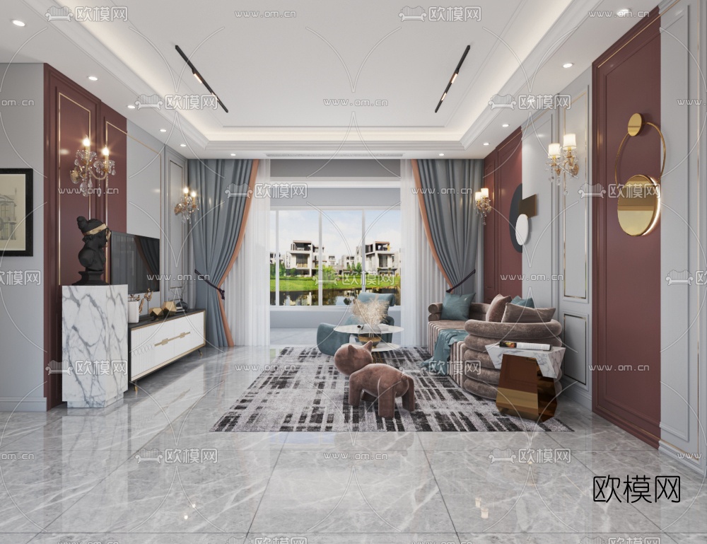 简欧轻奢客厅餐厅免费3d模型下载（渲染图1）