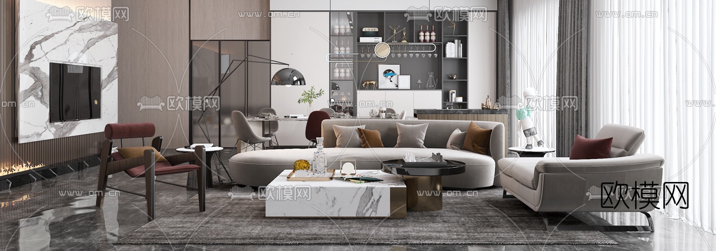 现代客厅餐厅3d模型下载（渲染图2）
