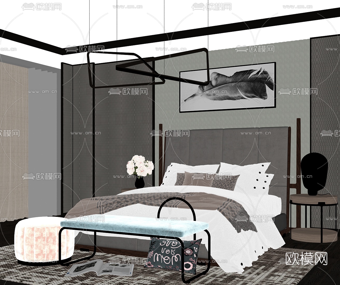 现代轻奢布艺双人床su模型下载（渲染图2）