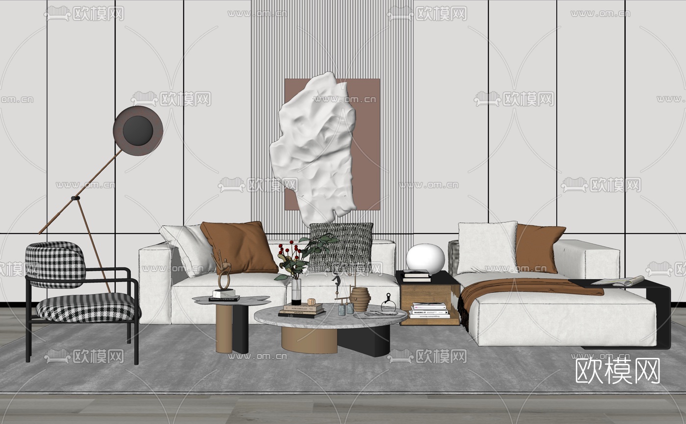 现代布艺转角沙发su模型下载（渲染图2）