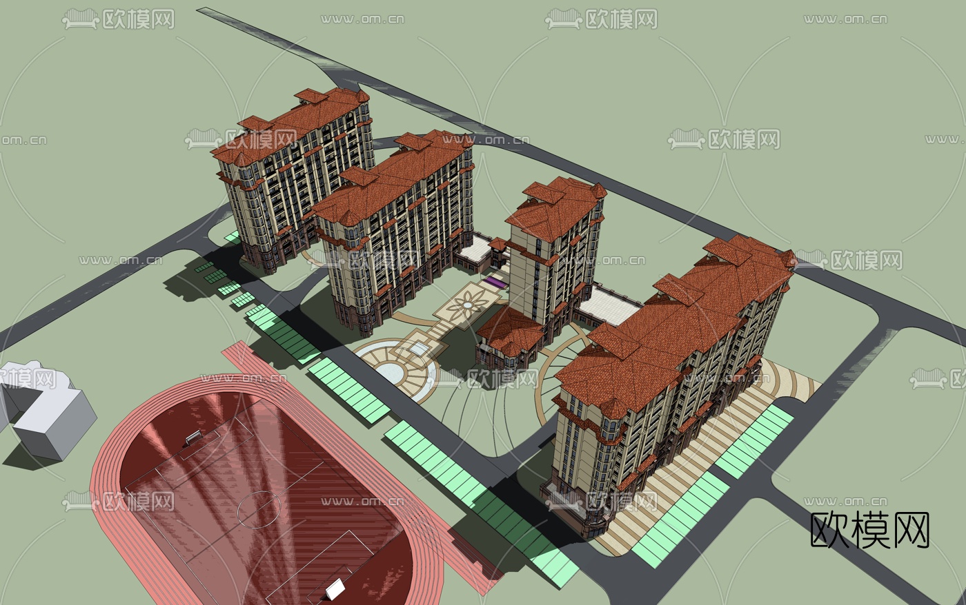 欧式高层住宅小区su模型下载（渲染图4）