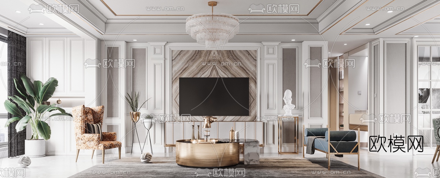 简美轻奢客厅餐厅3d模型
