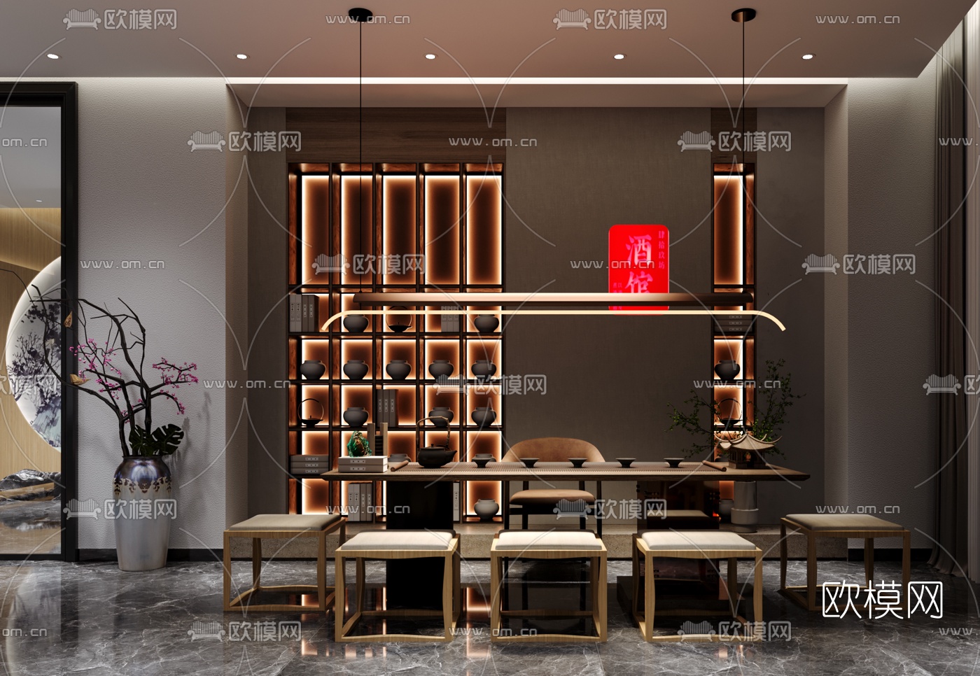 新中式酒店门厅走廊过道3d模型