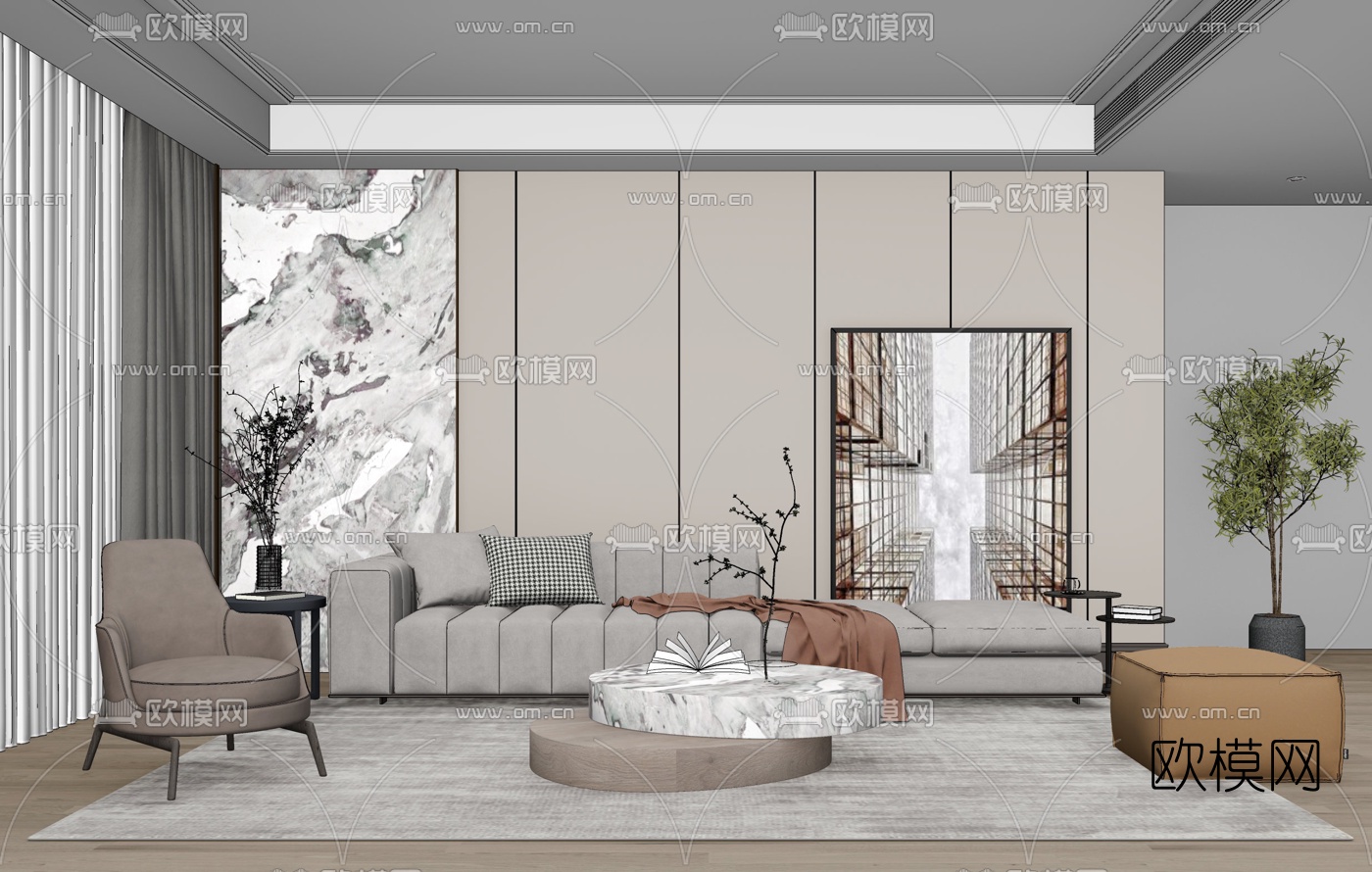 现代布艺沙发组合su模型