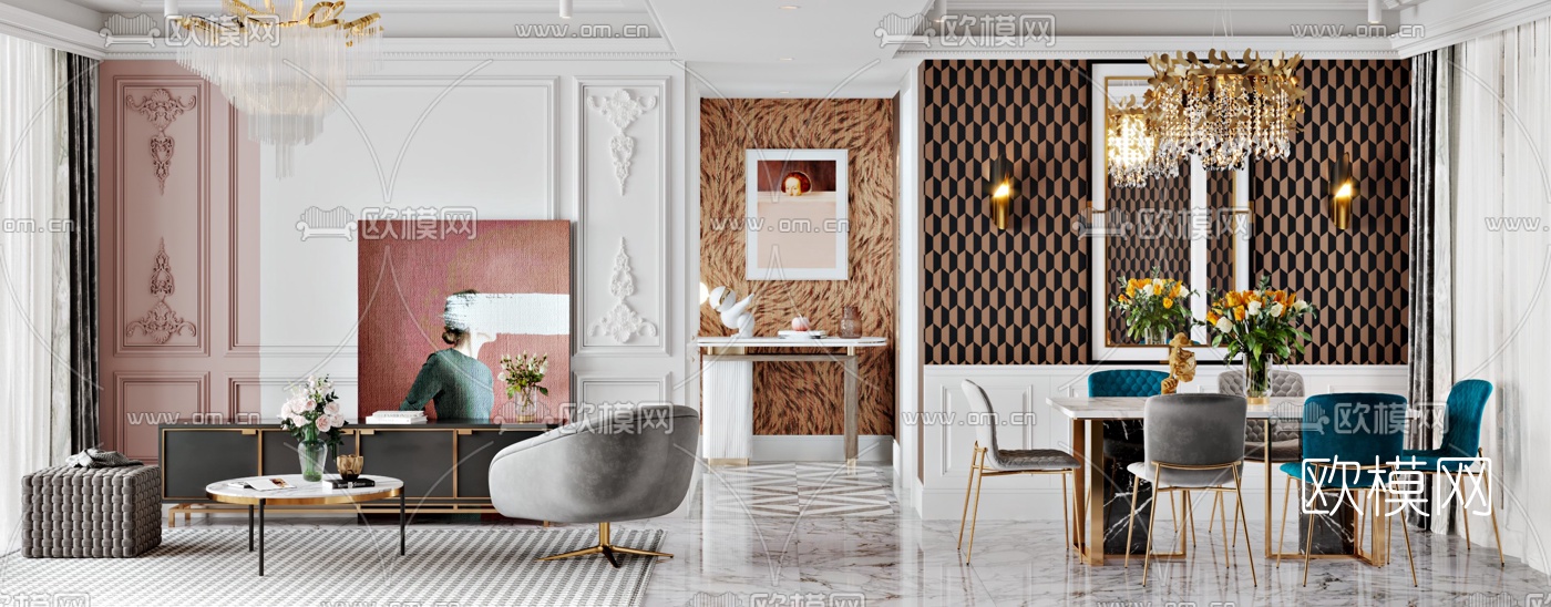简欧轻奢复古客厅餐厅3d模型下载（渲染图2）