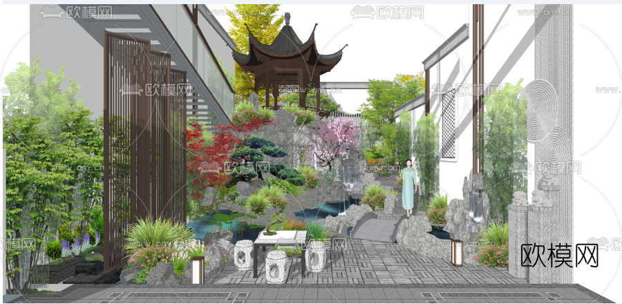 中式庭院景观su模型下载（渲染图1）