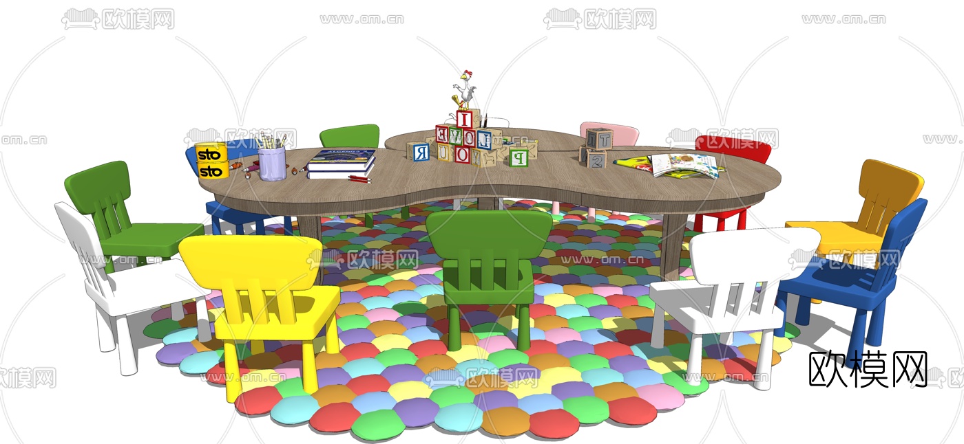 现代实木儿童桌椅su模型下载（渲染图2）