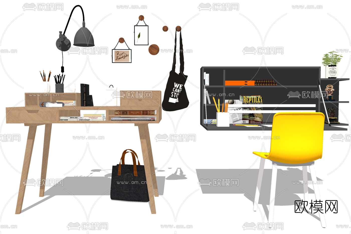 北欧原木书桌椅su模型下载