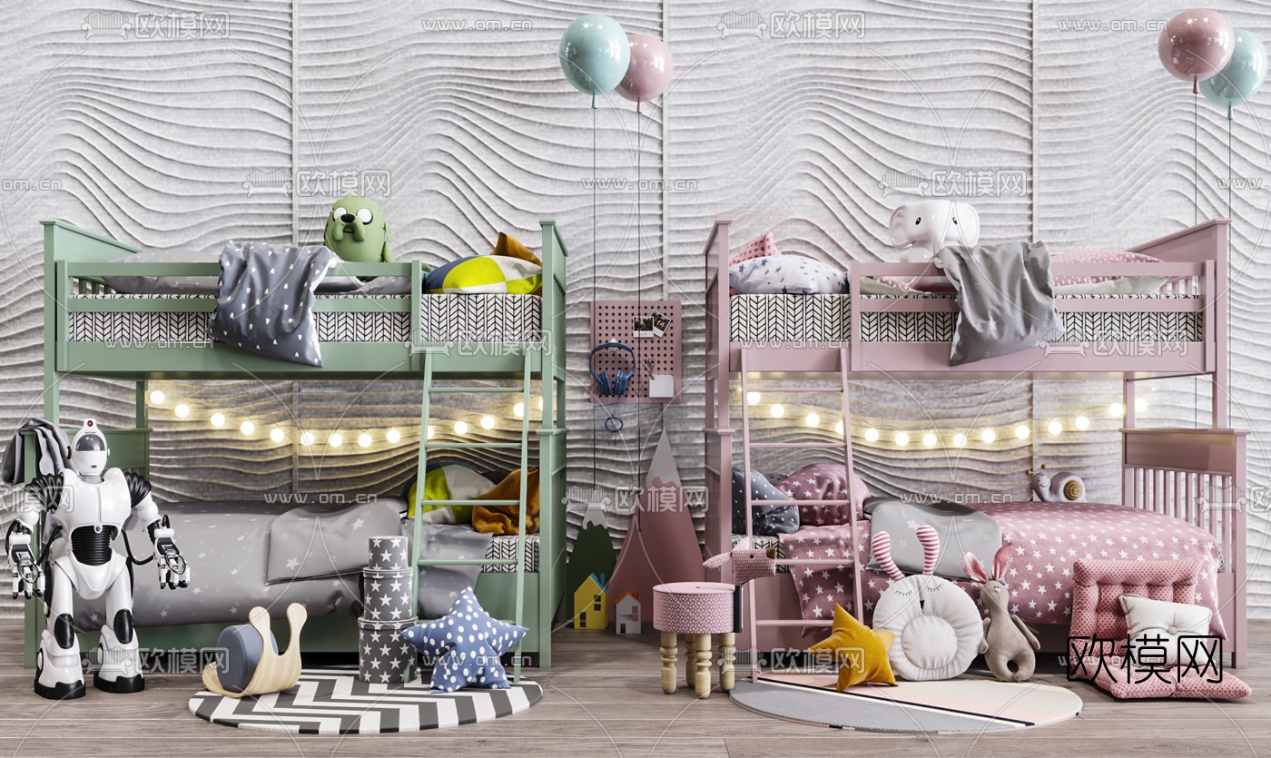 现代上下铺儿童床3d模型下载