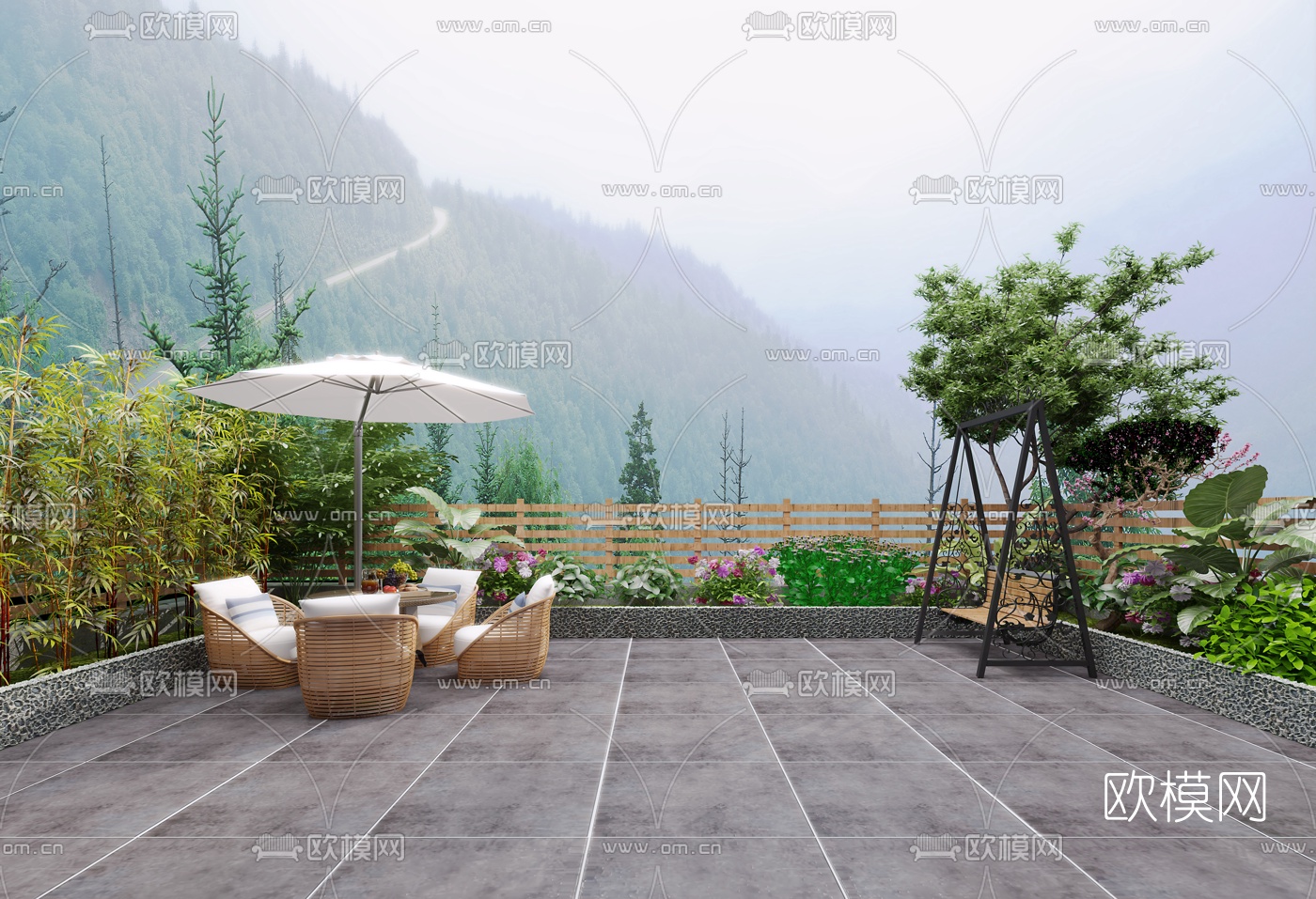 现代露天阳台花园3d模型下载