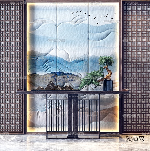 新中式实木端景条案3d模型下载