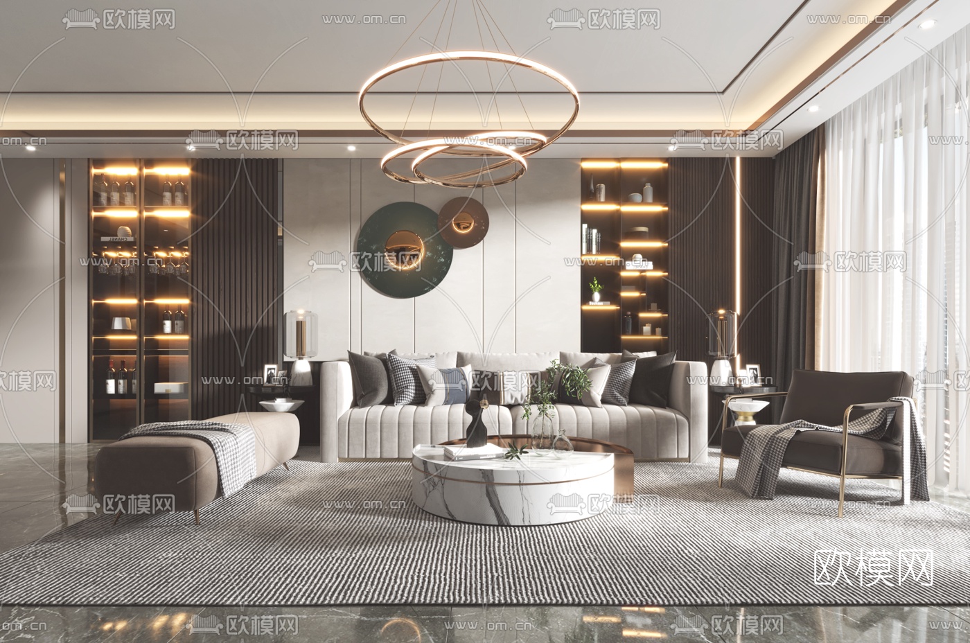 现代轻奢客厅3d模型下载（渲染图1）