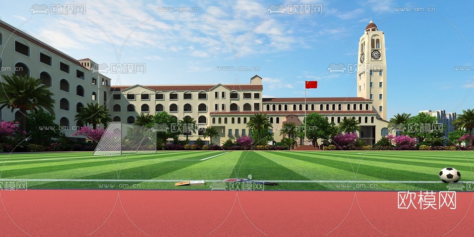 简欧学校教学楼操场跑道3d模型下载