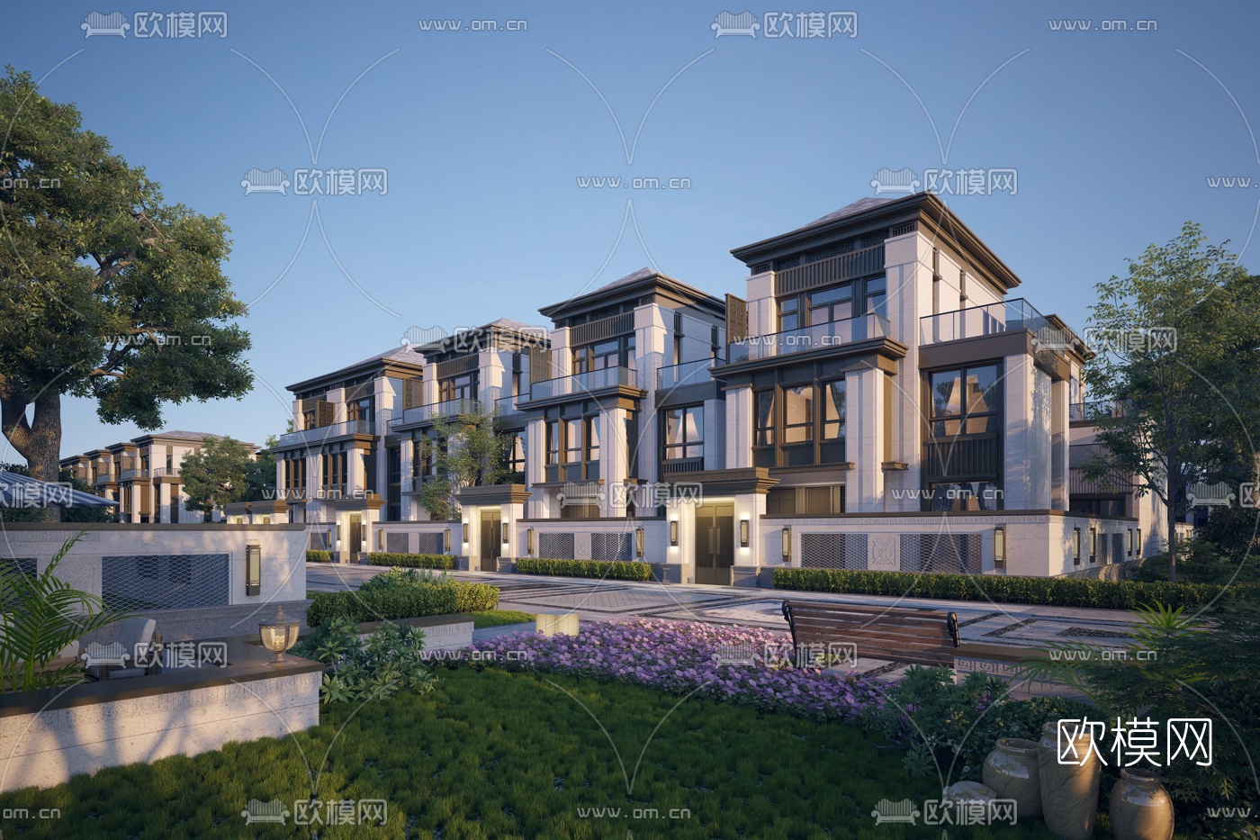 新中式联排别墅外观3d模型下载_ID10077552_3dmax免费模型-欧模网