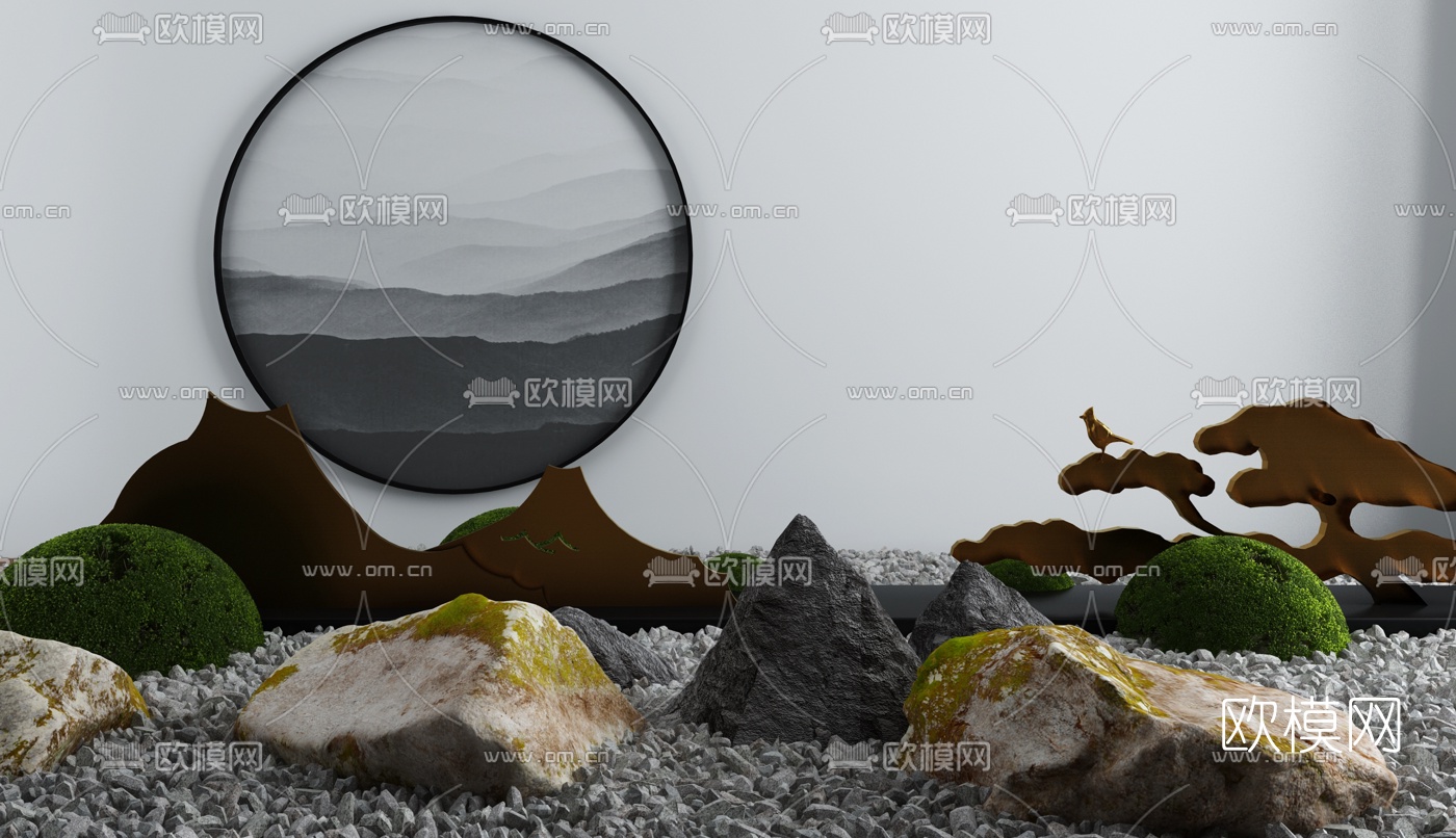 新中式灌木石头景观小品3d模型