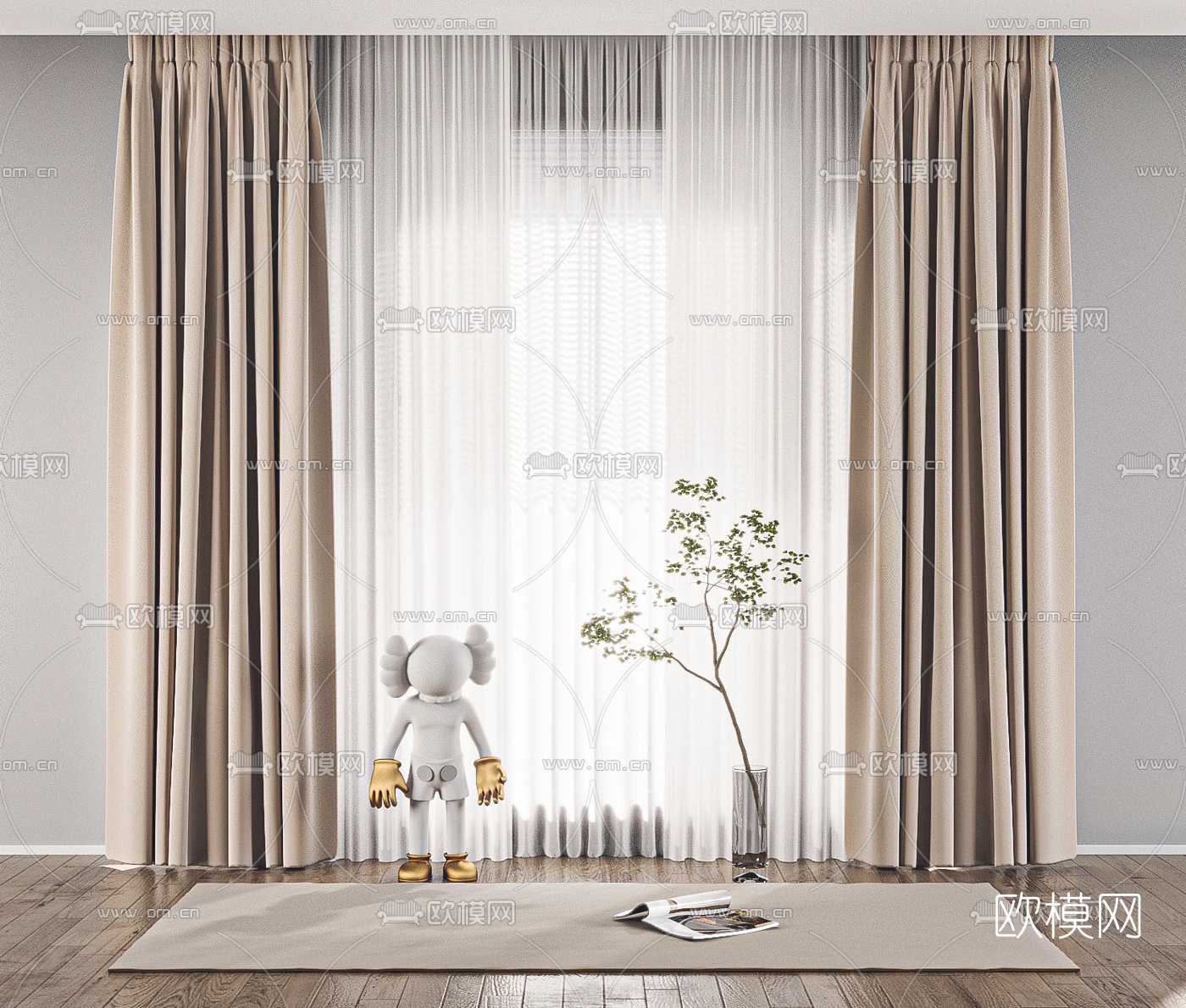 现代布艺窗帘su模型下载