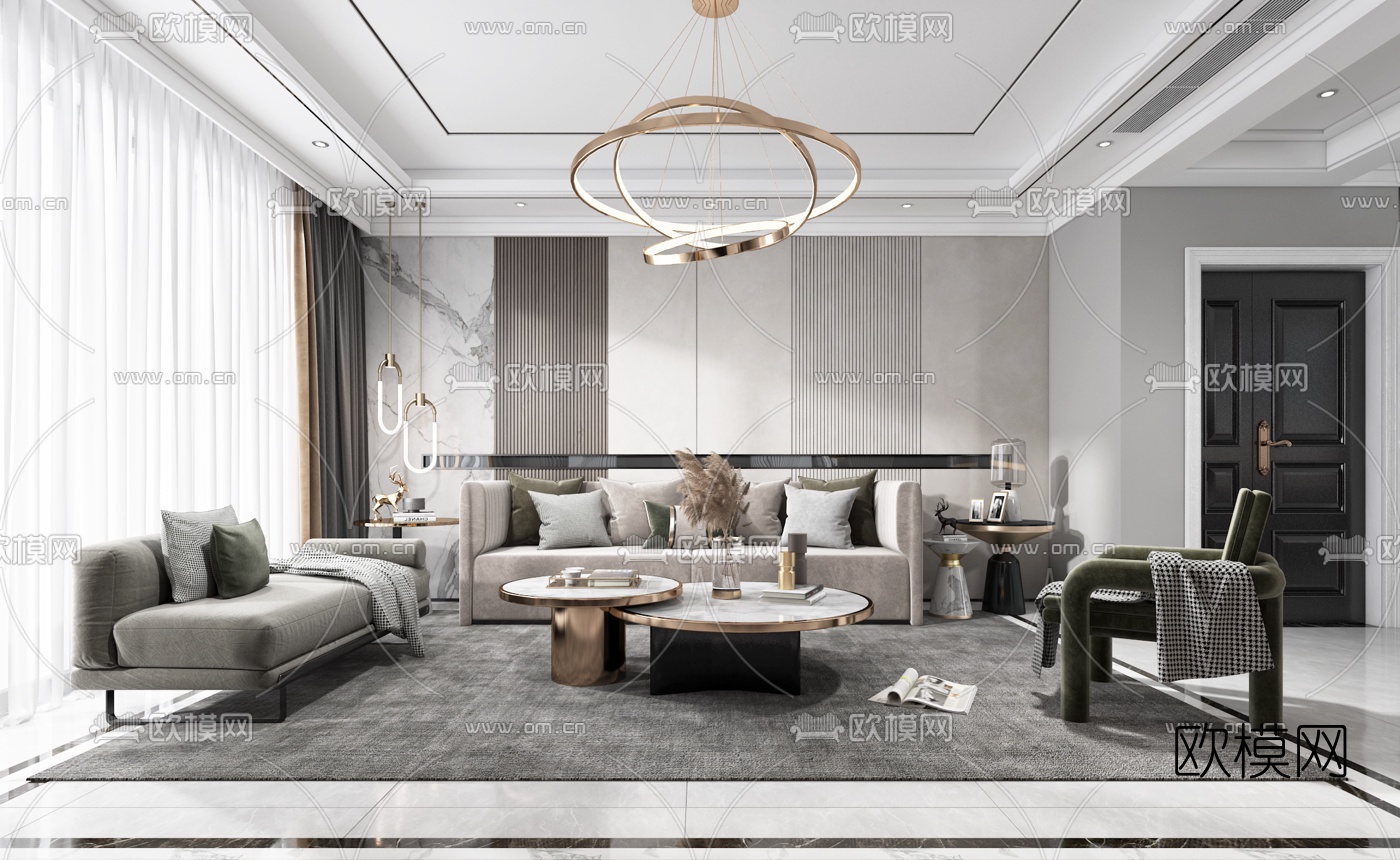现代轻奢客厅3d模型下载（渲染图1）