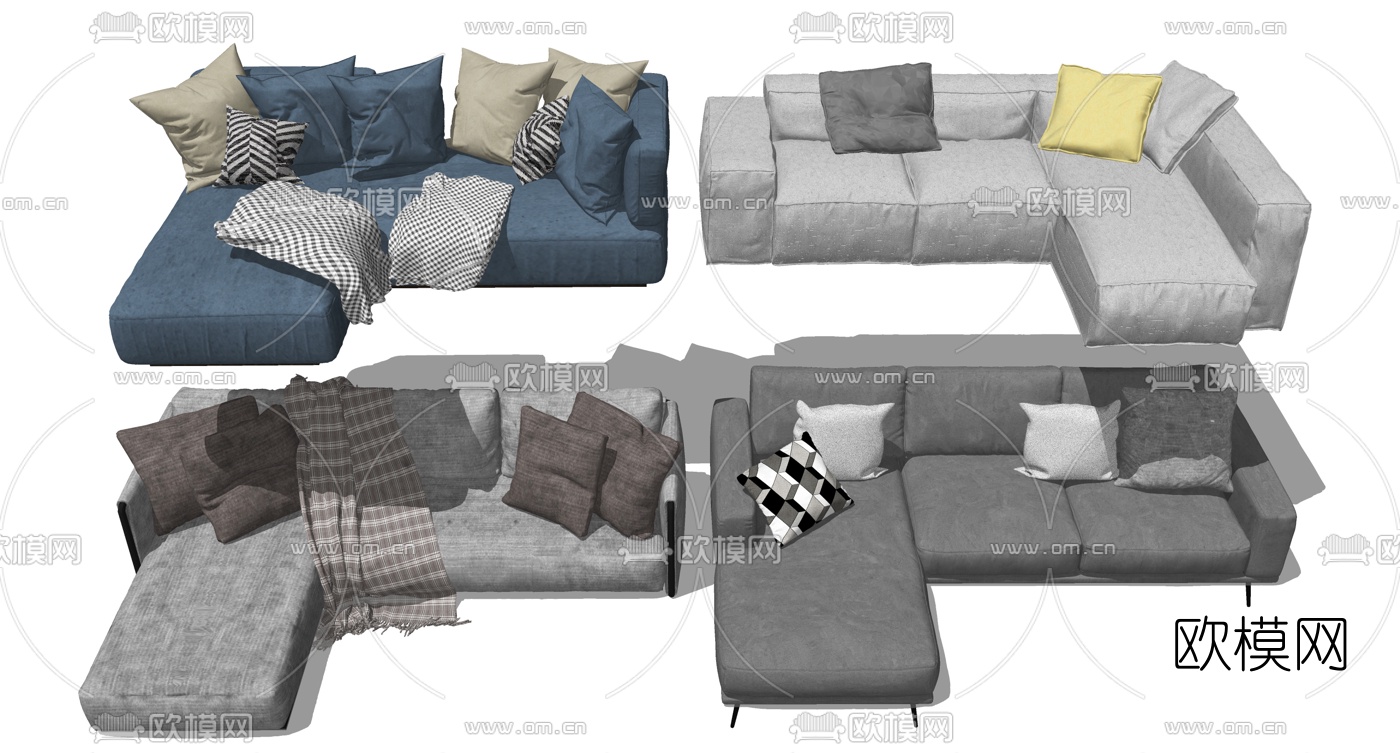 现代布艺转角多人沙发su模型