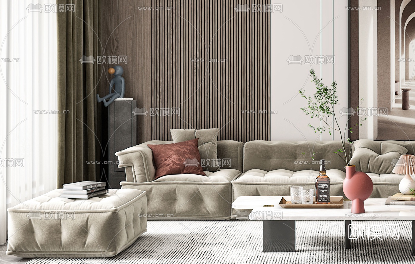 现代绒布沙发组合3d模型下载（渲染图2）