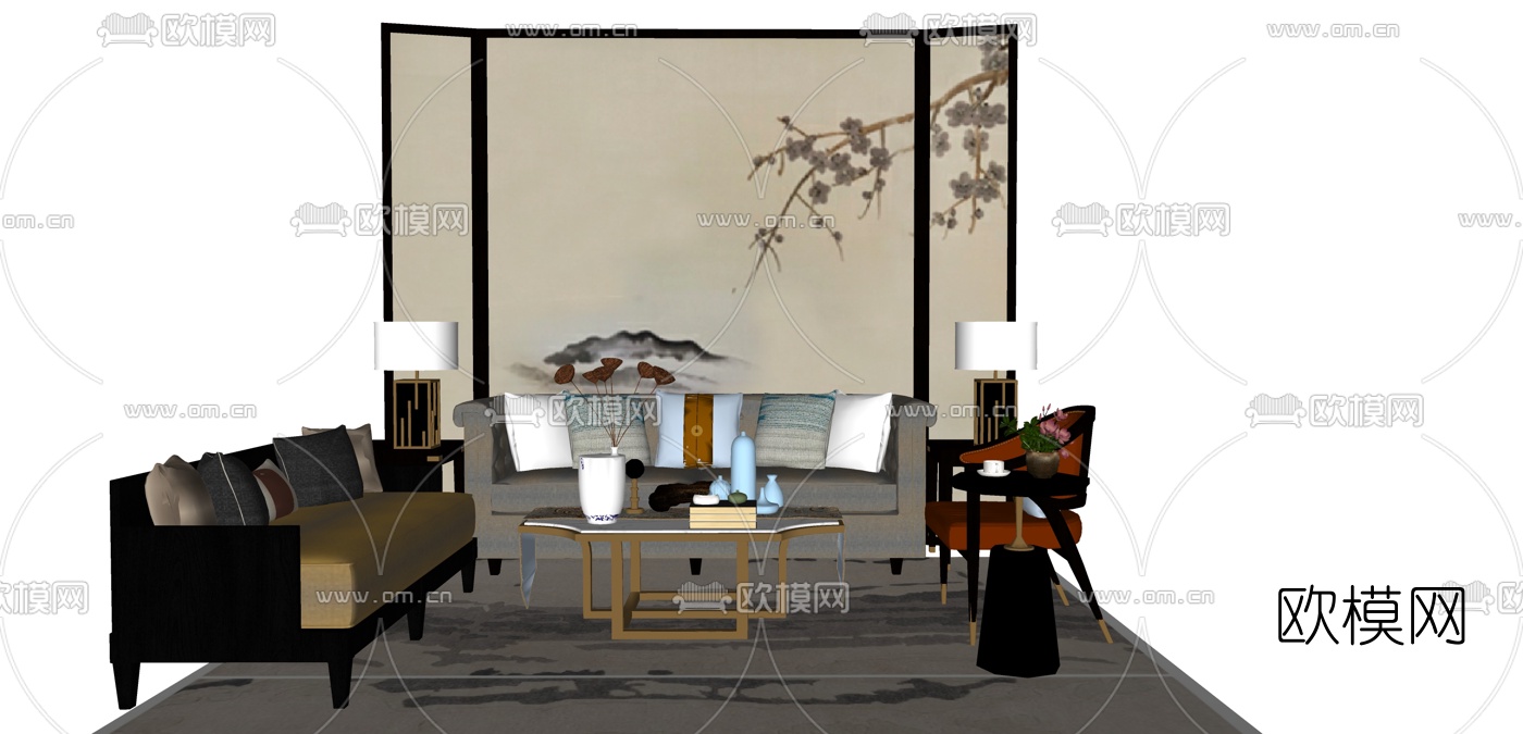 新中式布艺组合沙发su模型下载（渲染图1）