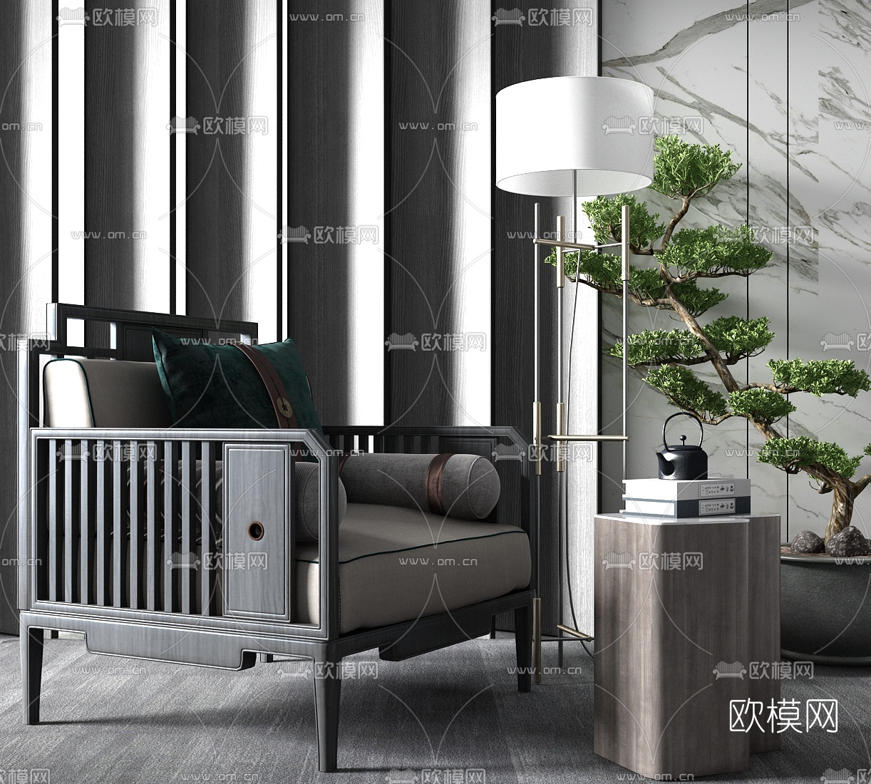 新中式休闲沙发角几组合3d模型