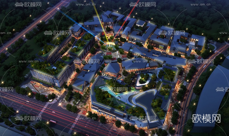 现代傍晚商业街su模型下载（渲染图2）