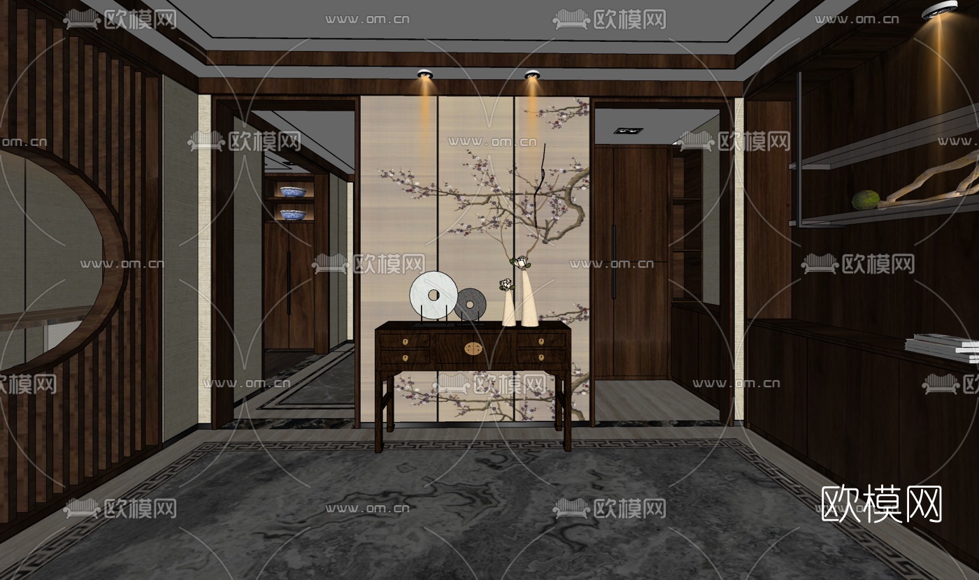 新中式玄关装饰柜免费su模型下载