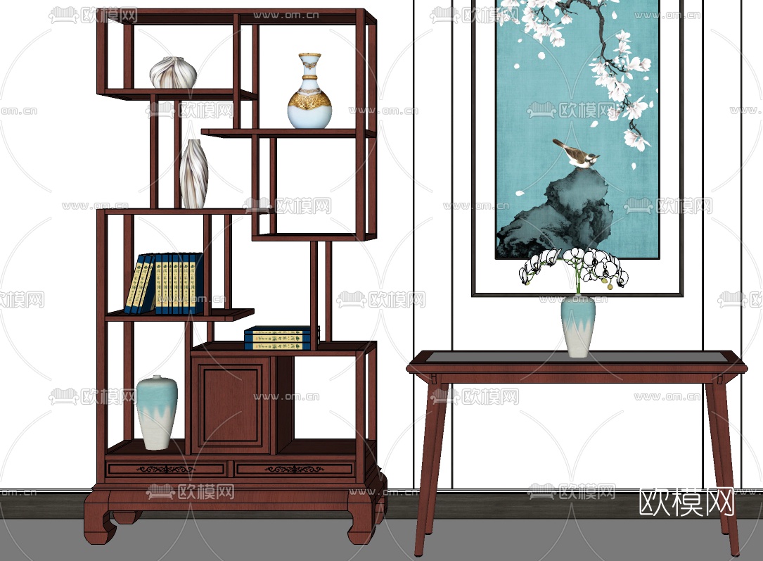 新中式实木博古架su模型下载（渲染图3）