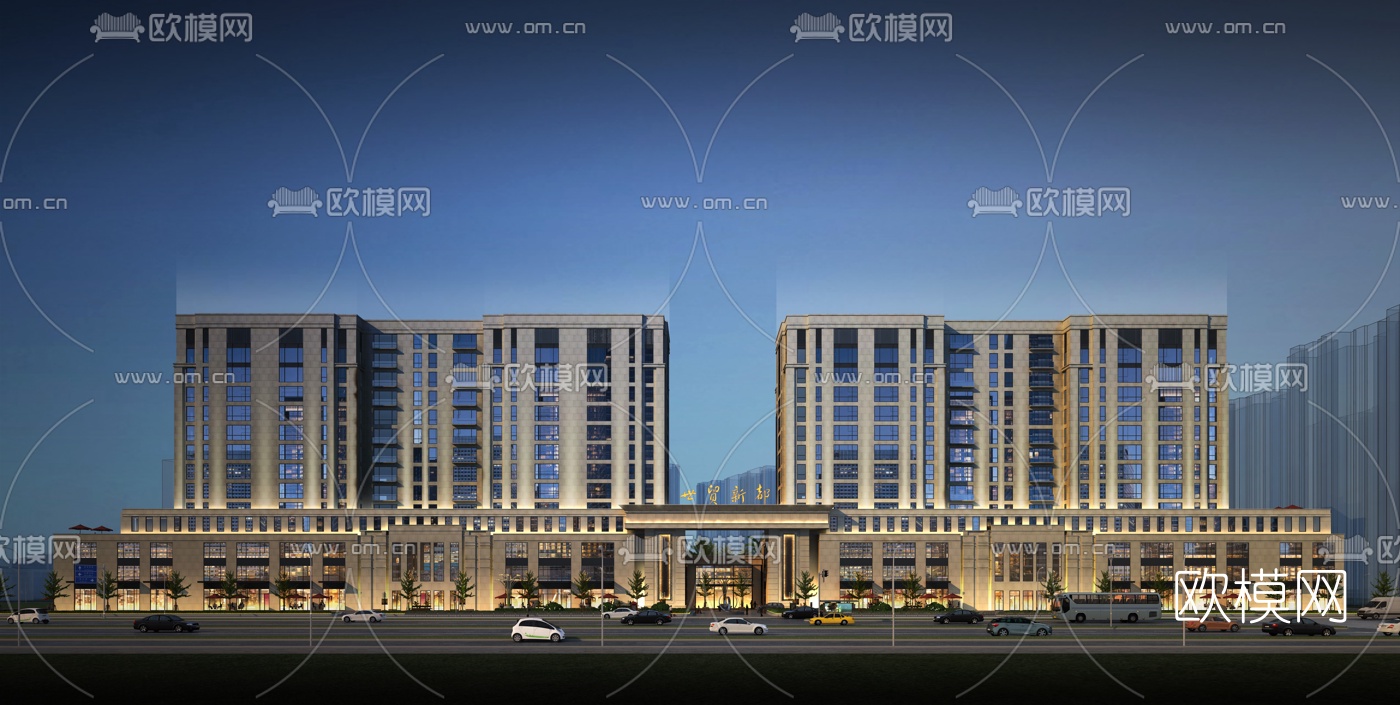 现代别墅小区鸟瞰夜景3d模型