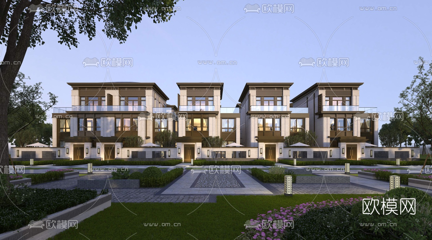 新中式联排别墅外观3d模型下载