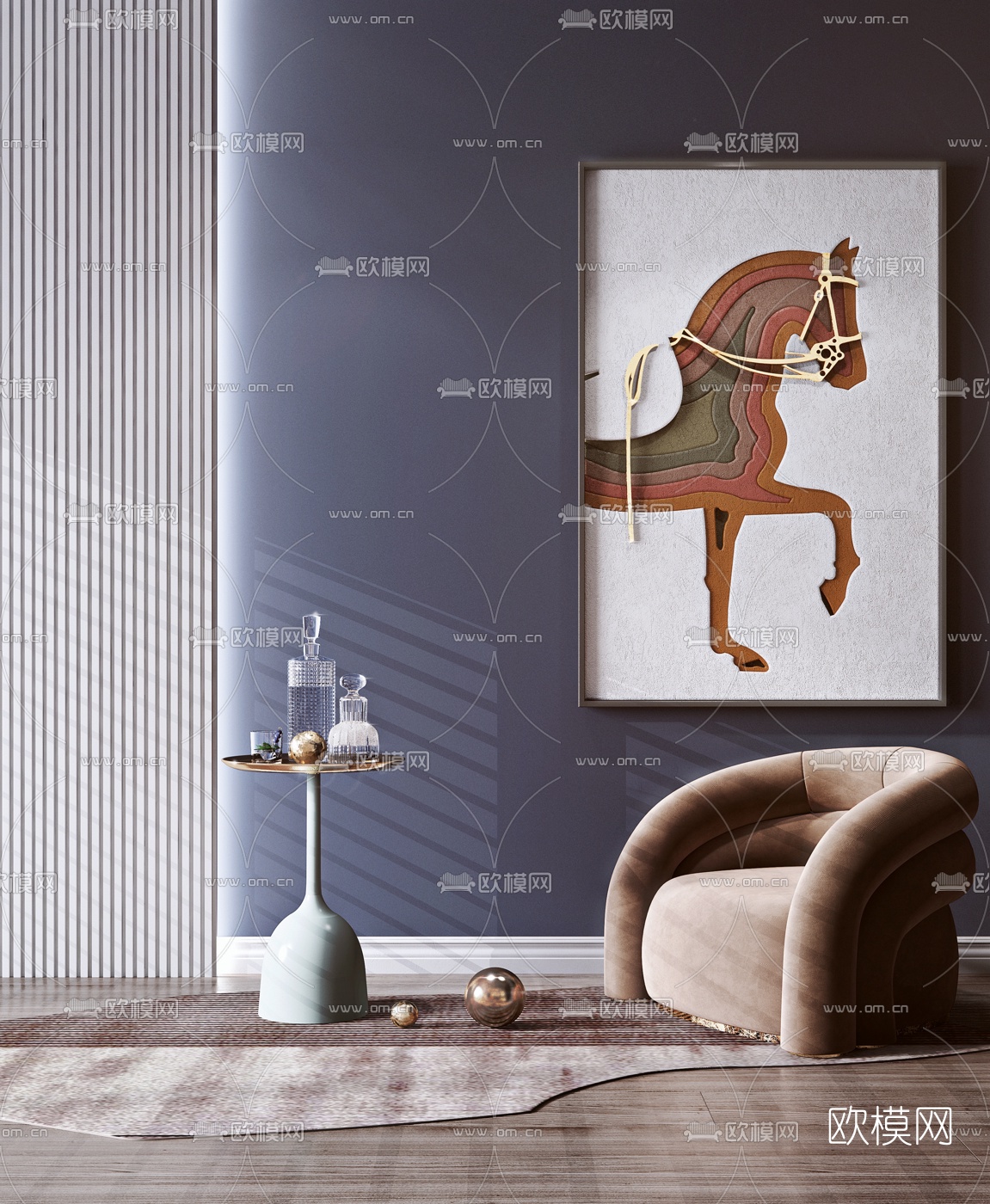 现代绒布单人沙发边几3d模型下载（渲染图1）