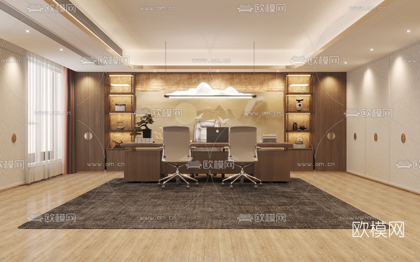 新中式经理办公室免费3d模型-免费3dmax模型库-欧模网