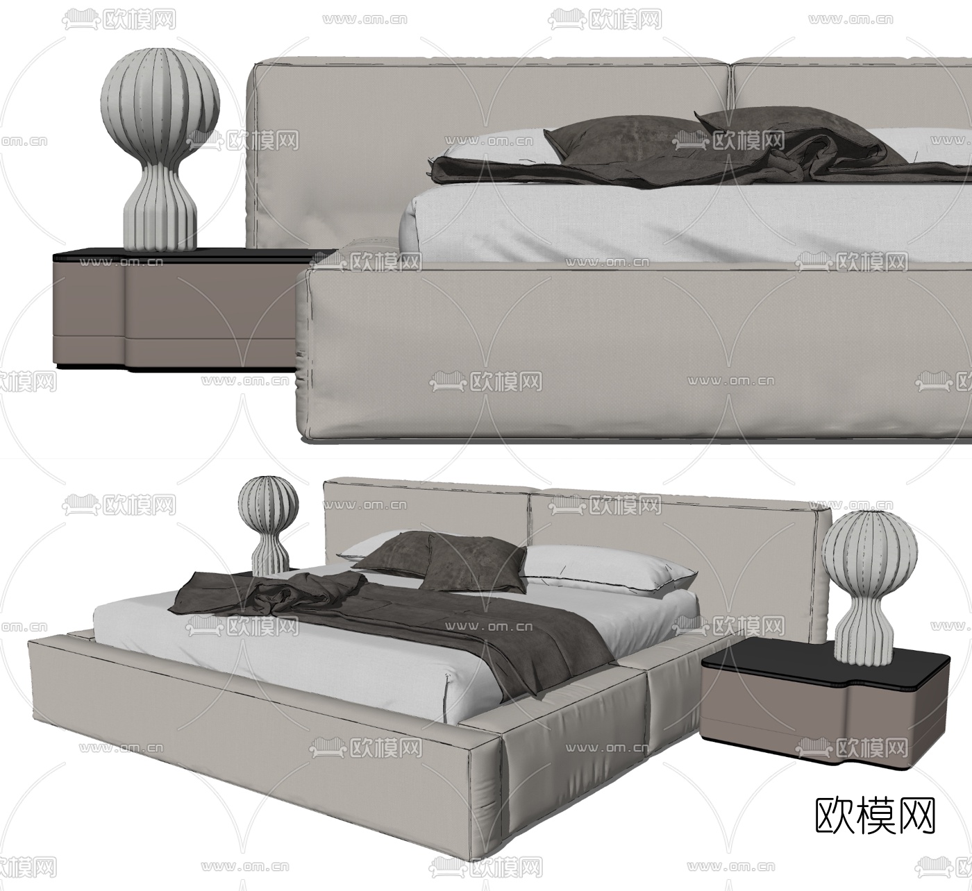 现代布艺双人床su模型下载（渲染图2）