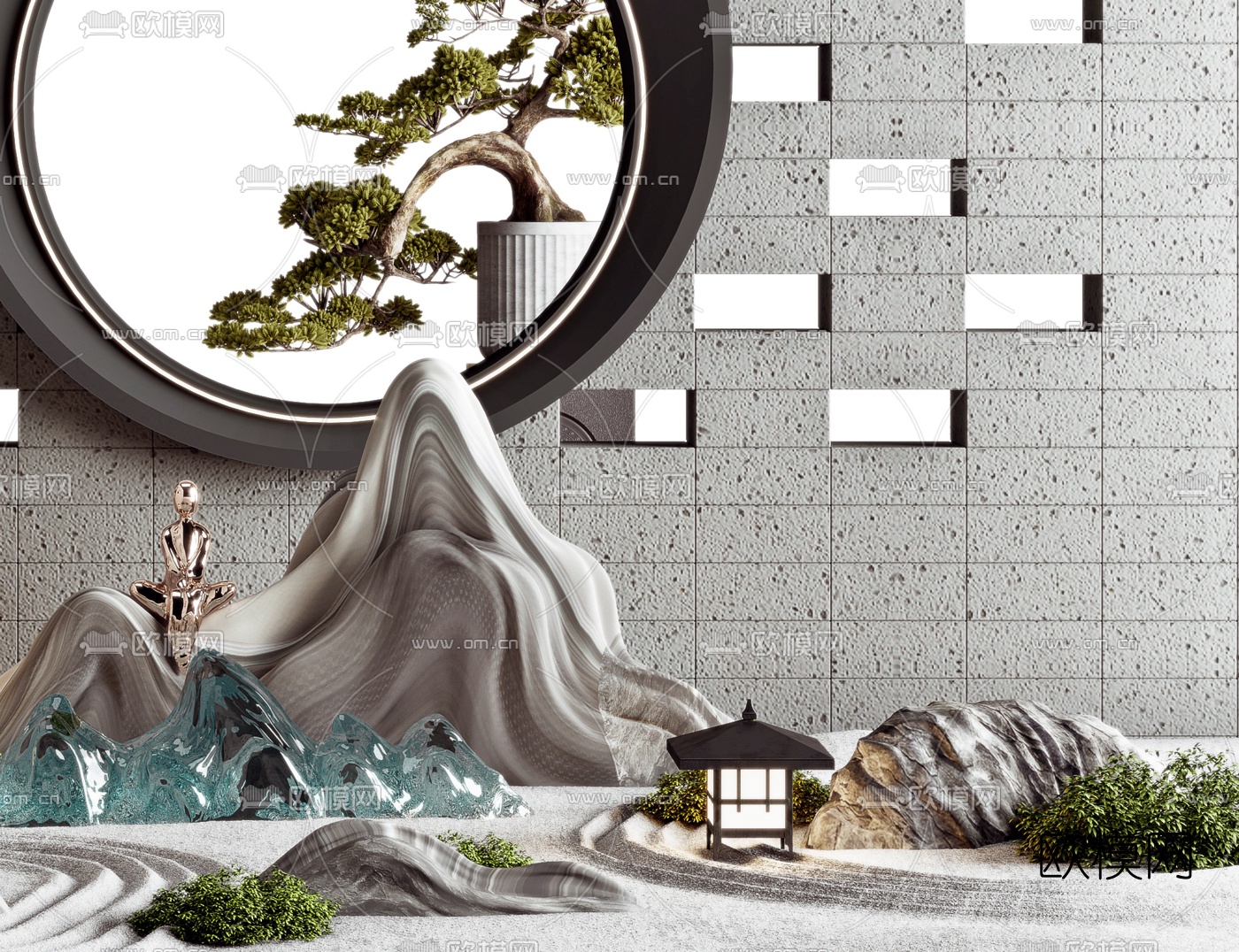 新中式山石树木园艺小品3d模型下载（渲染图2）