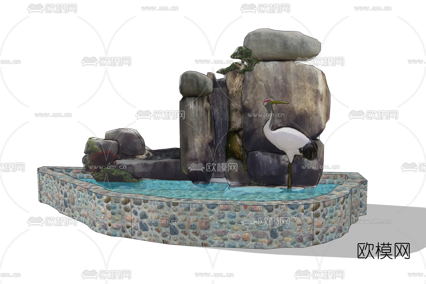 新中式仙鹤水池流水小品免费su模型下载