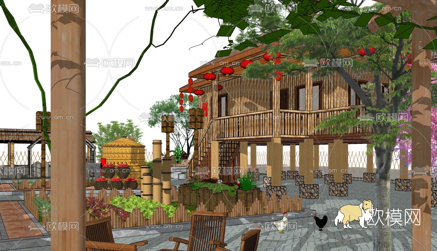 中式农家乐外观su模型下载（渲染图4）