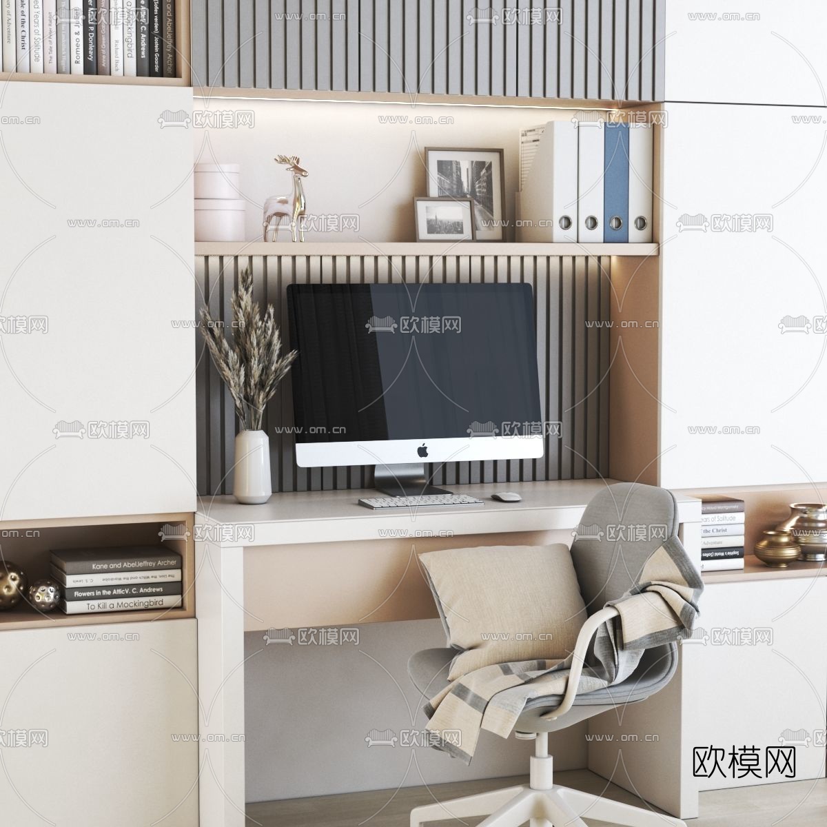 现代一体式书柜书桌椅3d模型