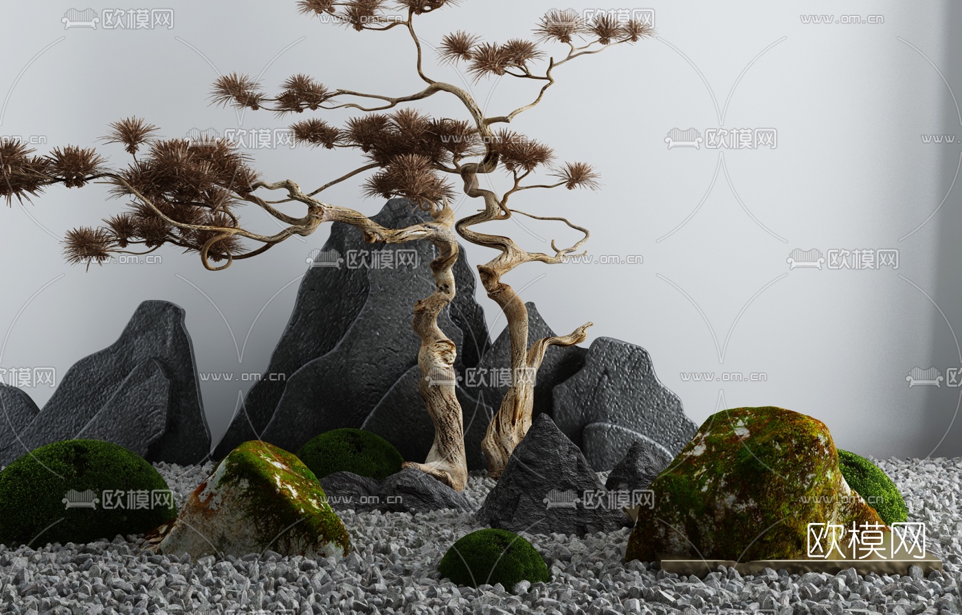 新中式假山干树景观小品3d模型下载