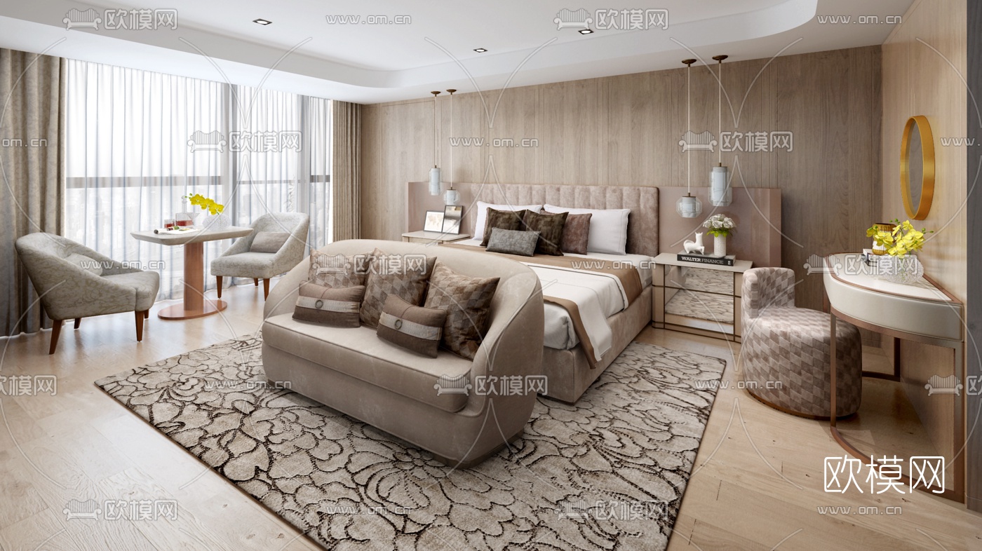 雅布设计 现代轻奢卧室主人房3d模型下载（渲染图1）