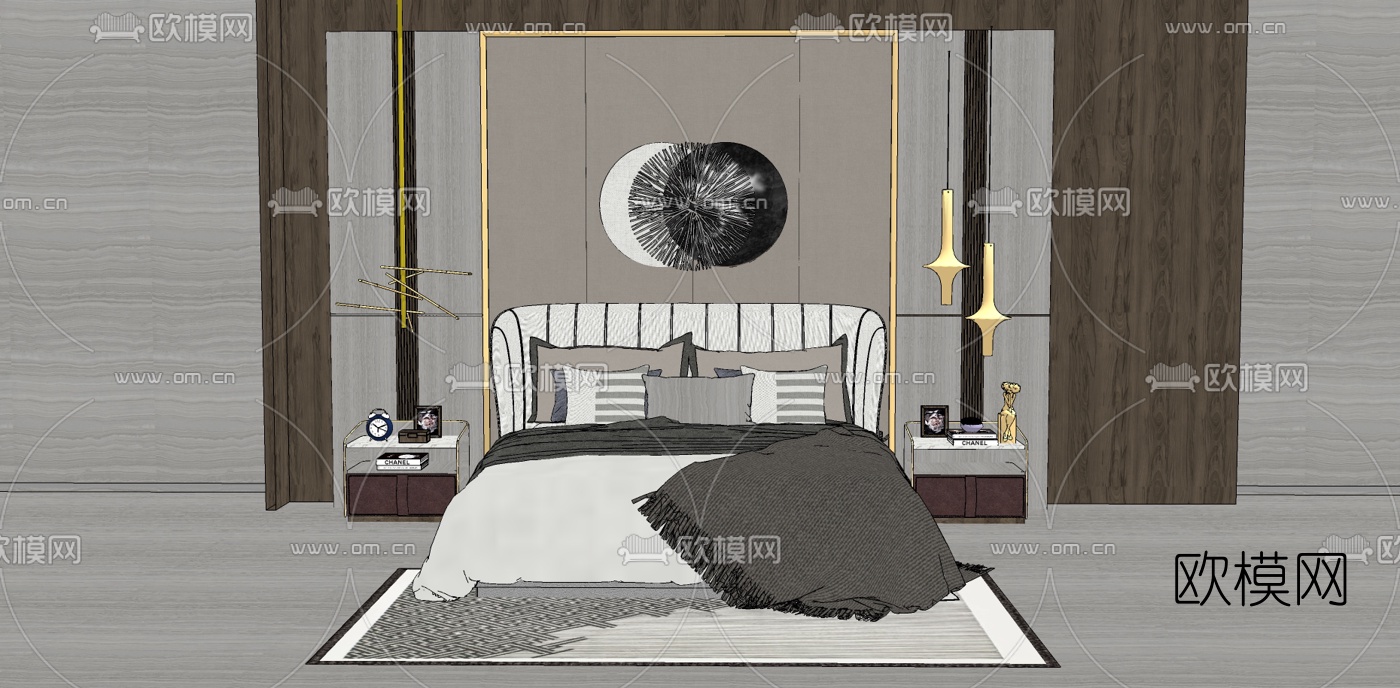 现代布艺双人床su模型下载