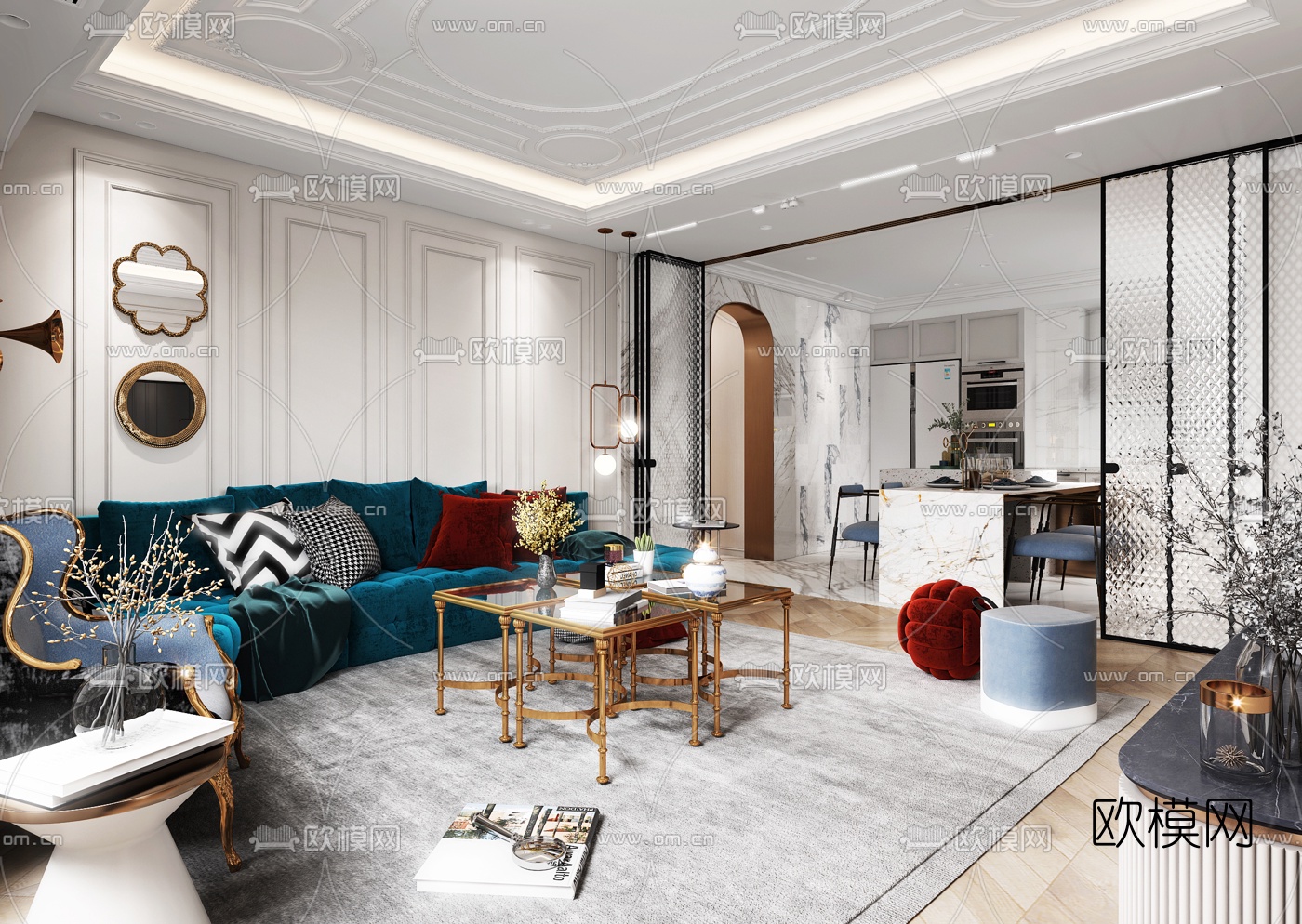 后现代客厅餐厅3d模型下载（渲染图1）